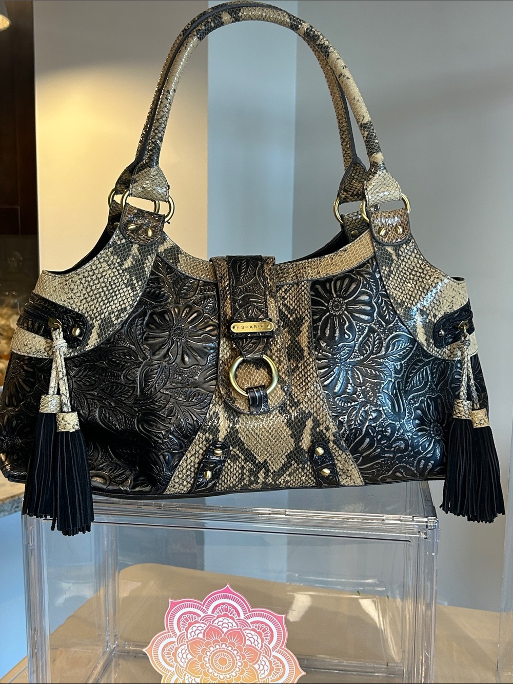 Sharif Embossed Floral & Snake-Print Shatchel Black/Cream 19.5”x 4.5”x 8.5” EUC